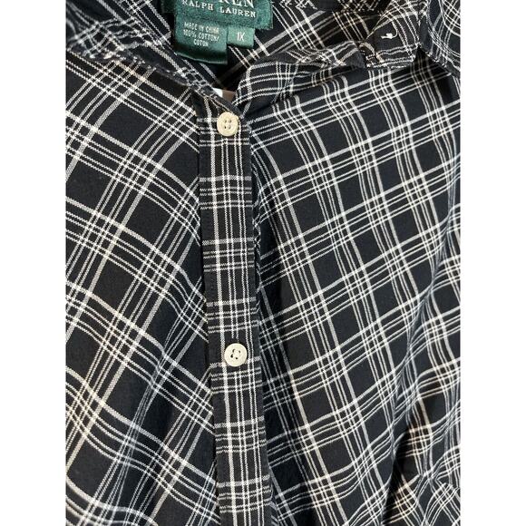 LRL Ralph Lauren Blouse 1X Black White Plaid Bell Cuff Long Sleeve Flared Top - Picture 5 of 9